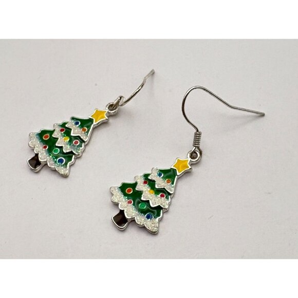Christmas Tree Dangle Earrings Silver Tone with Glitter Accents Holiday Festive - Picture 5 of 6